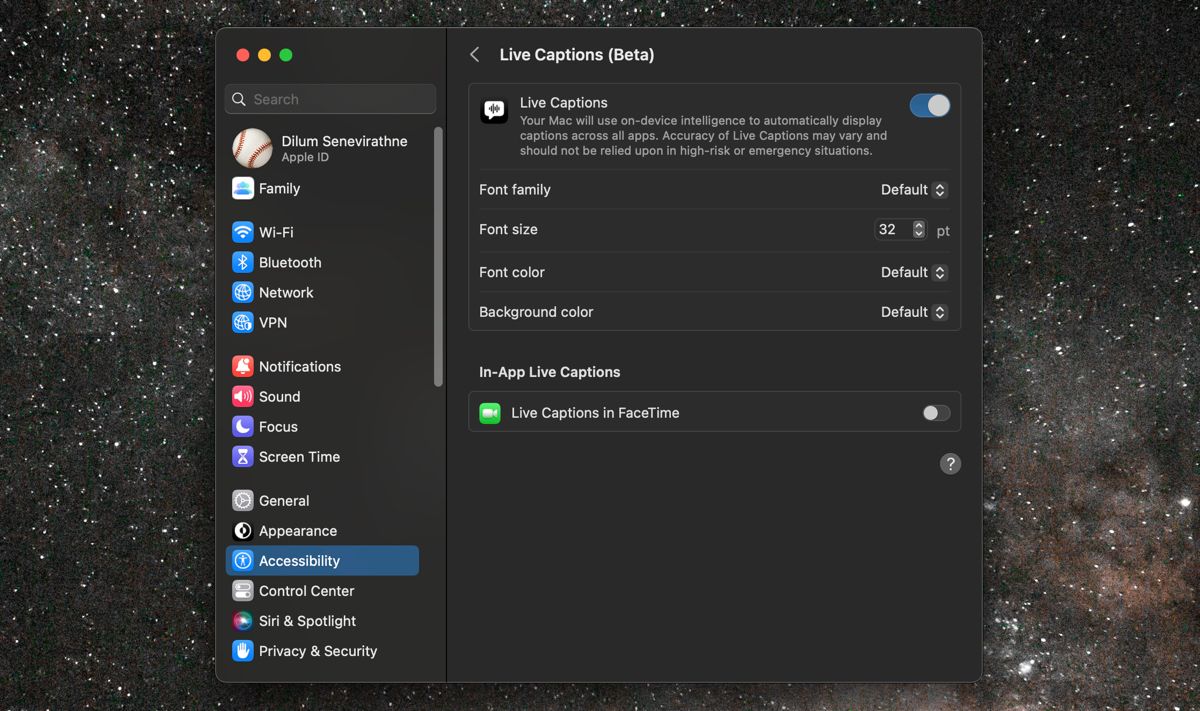 Панель настроек Live Captions в Системных настройках