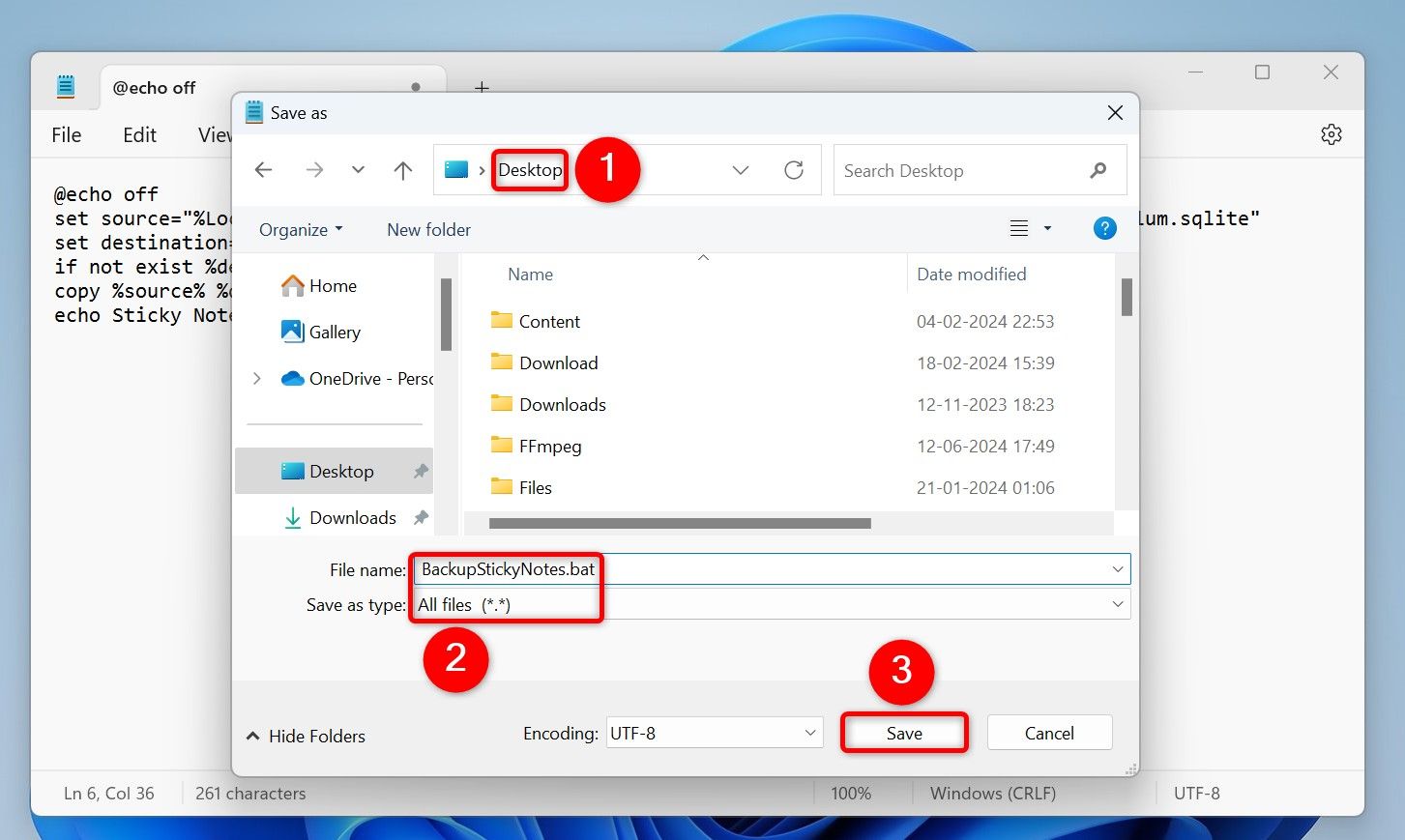 Окно сохранения скрипта в Блокноте с выбором типа файла Все файлы.