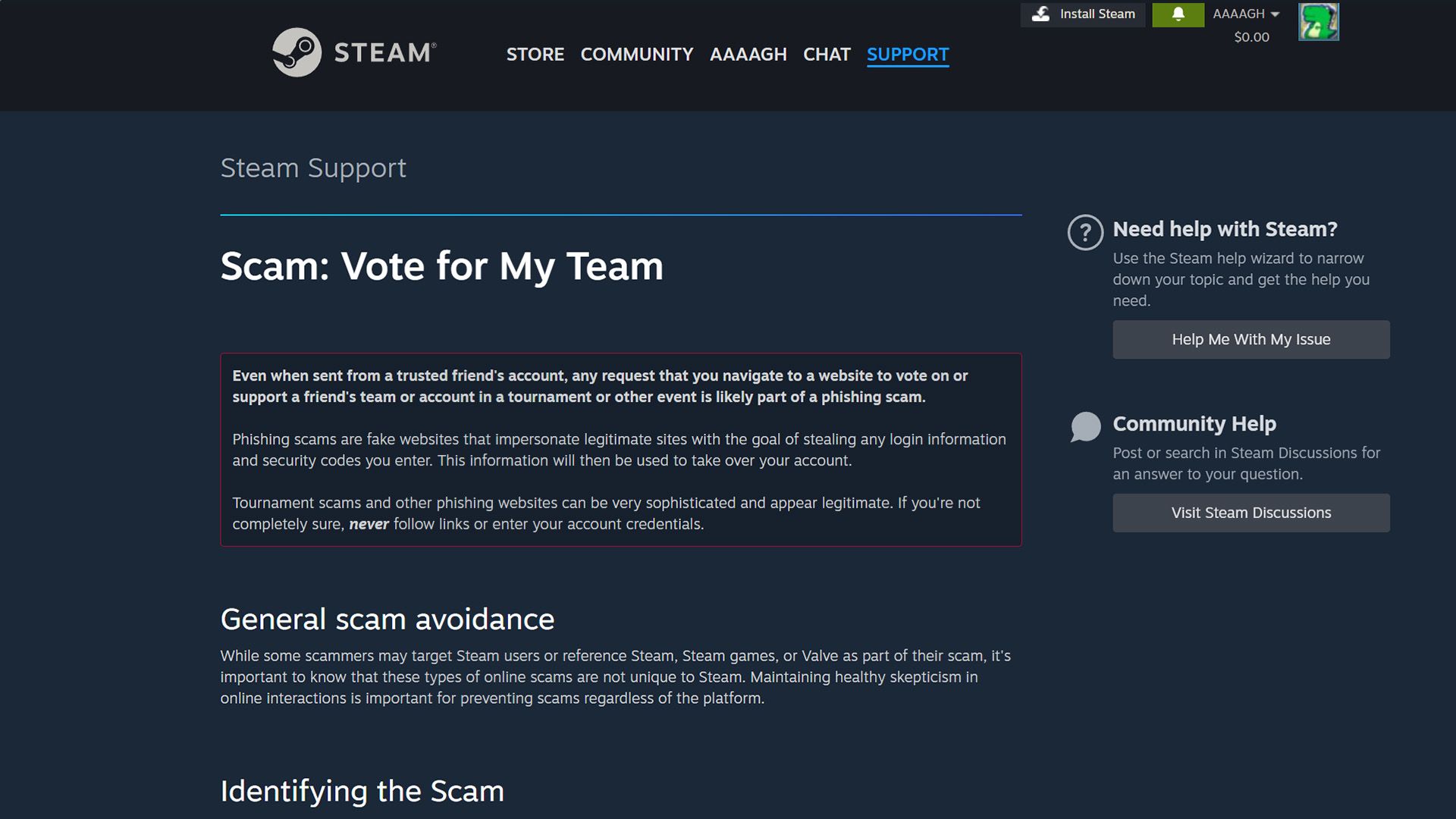 Страница Steam с мошеннической формой «Проголосуйте за мою команду»