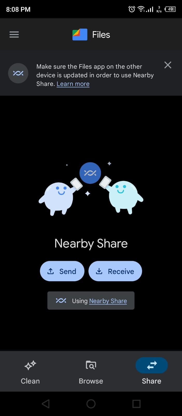 Обмен файлами через Nearby Share в Files by Google