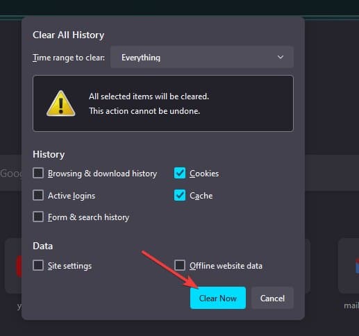 Finestra di Firefox per cancellare cookie e cache