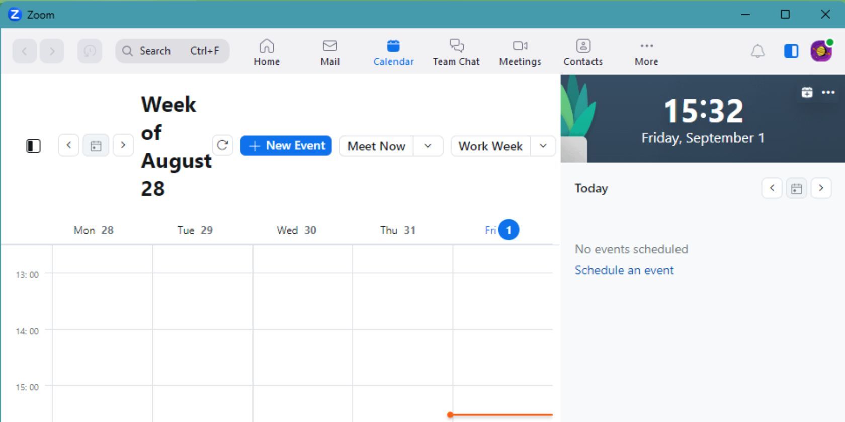 Screenshot of Zoom showing the Calendar tab