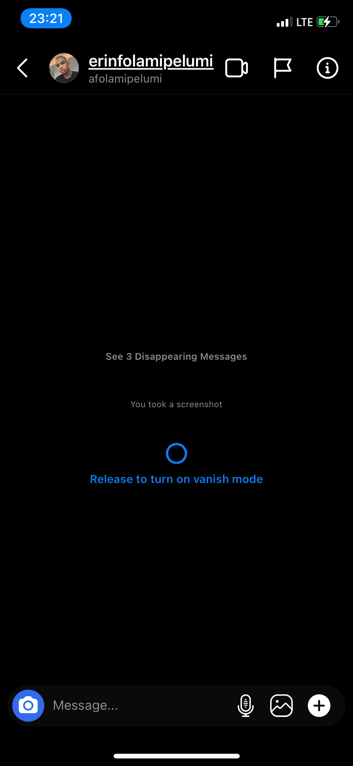 обозначение Vanish Mode в интерфейсе Instagram