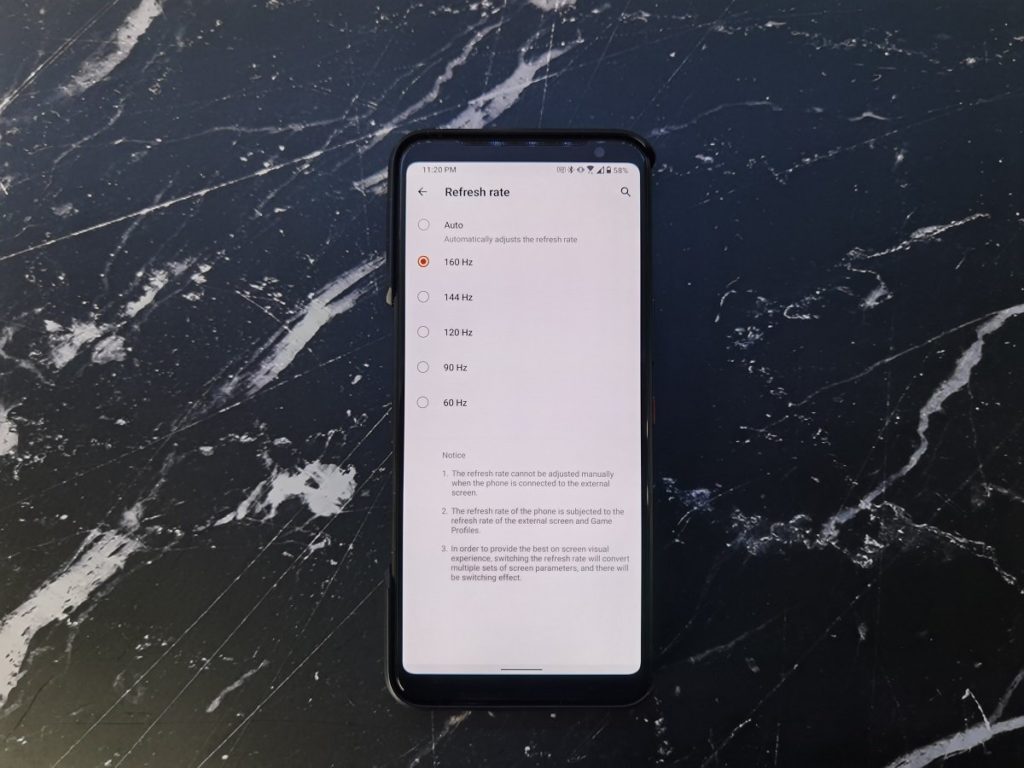 Экран ASUS ROG Phone 3 с меню выбора частоты обновления