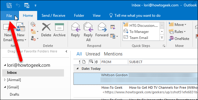 Вкладка Файл в Outlook для экспорта