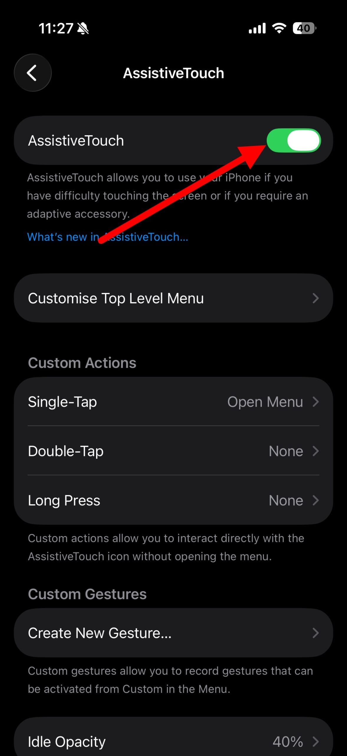Кнопка AssistiveTouch на экране настроек