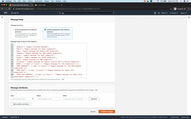 Кнопка Publish для отправки сообщения в SNS