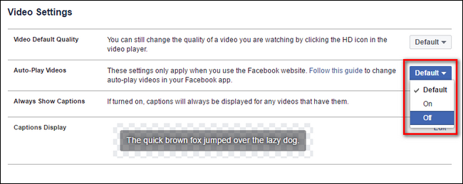Параметр «Автовоспроизведение видео» в настройках Facebook на сайте