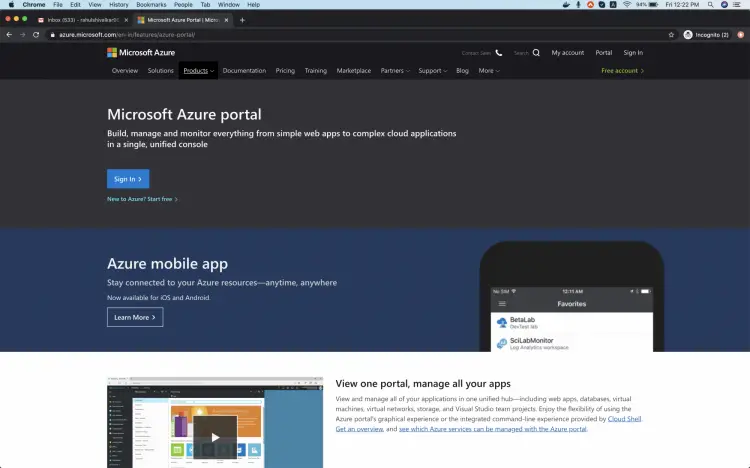 Экран входа в Azure Portal с полями для логина