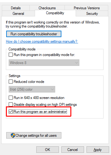 Esegui come amministratore: proprietà compatibilità