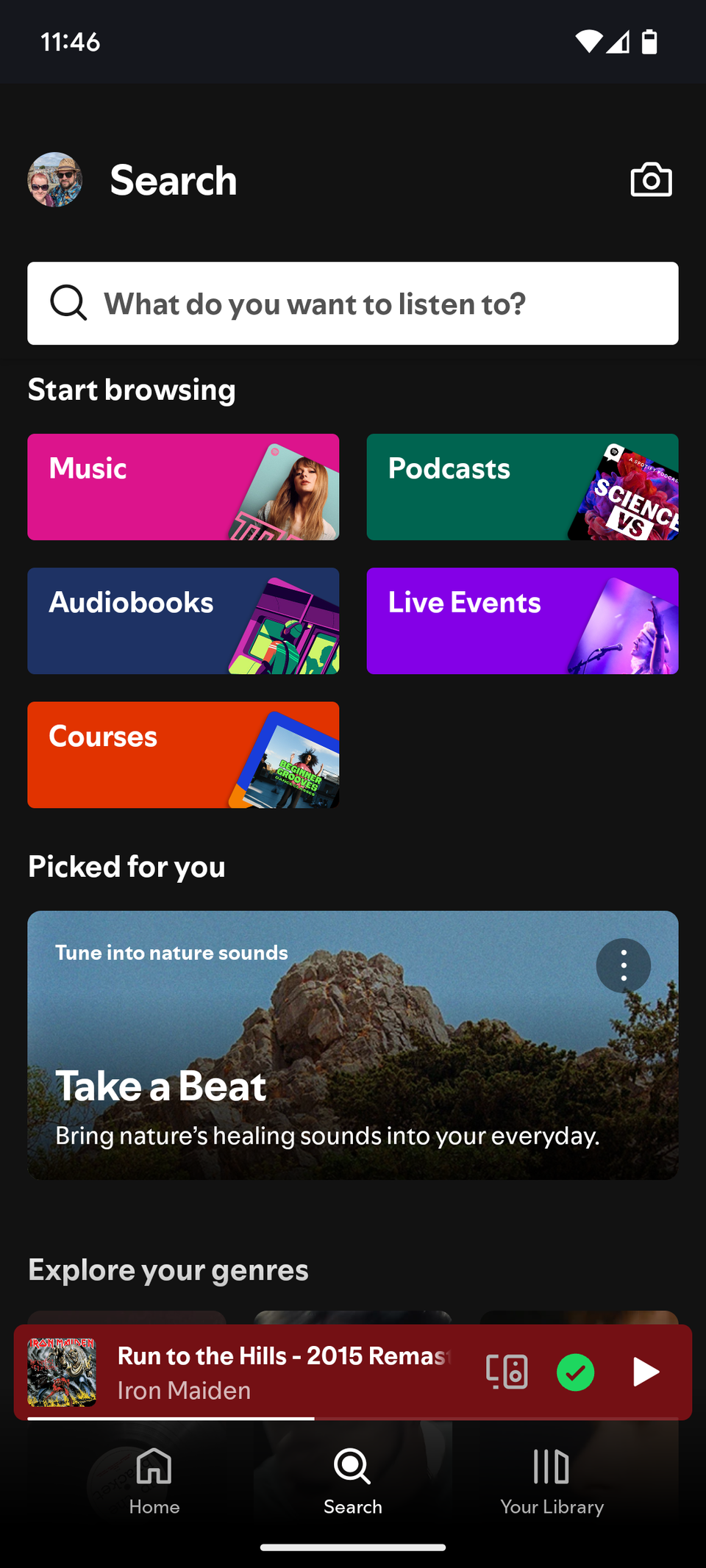 Страница поиска в приложении Spotify