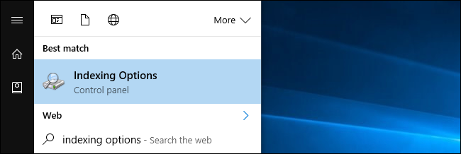 Поиск «Параметры индексирования» в меню Пуск