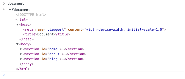 Консоль JavaScript с раскрытыми элементами head и body