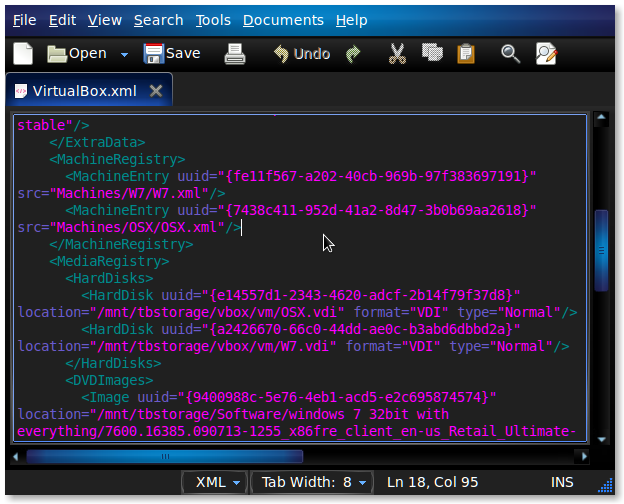 Редактирование VirtualBox.xml в gedit