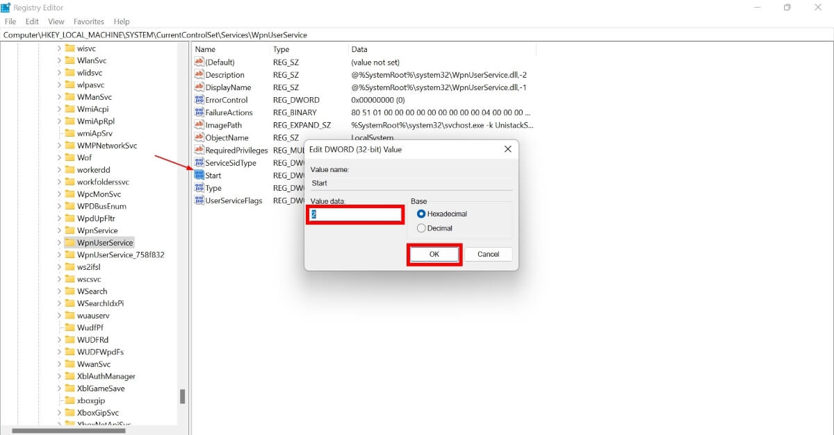 Ajuste del valor Start en el Editor del Registro