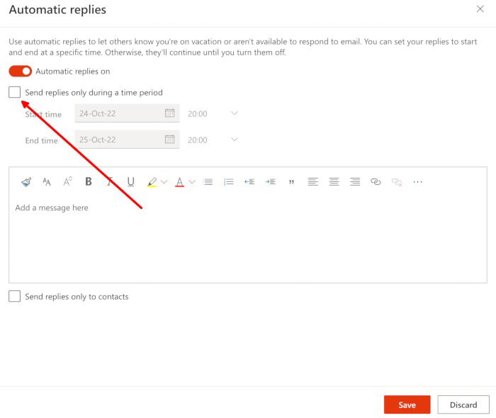 Выбор периода отправки автоответов