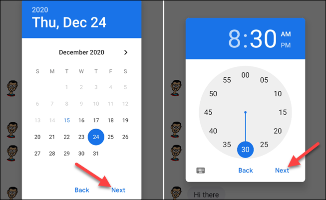 Выбор даты и времени для запланированного сообщения