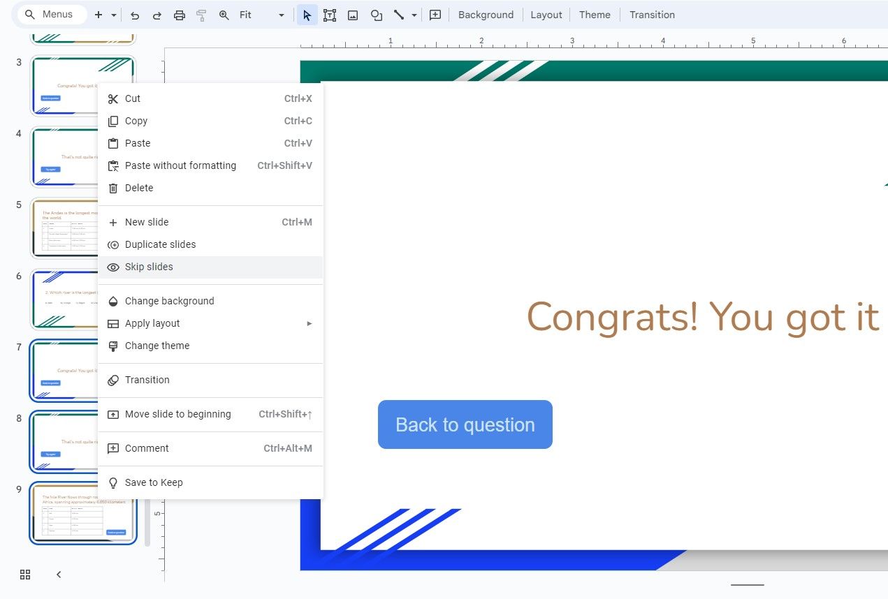 Пропуск слайда в Google Slides