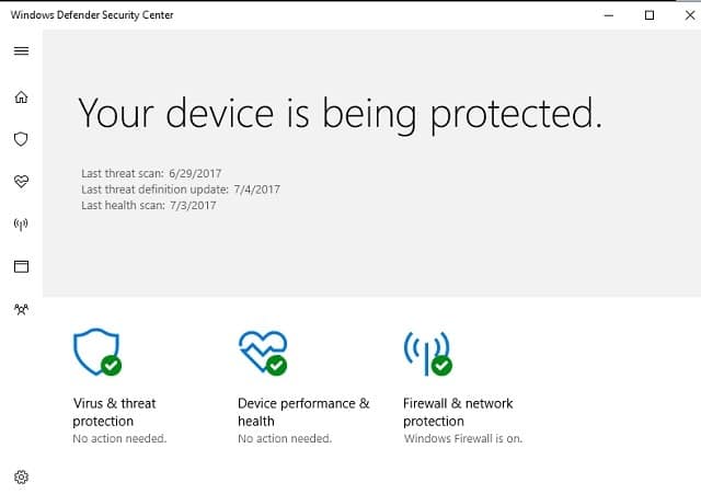 Окно Защитника Windows — параметры сканирования