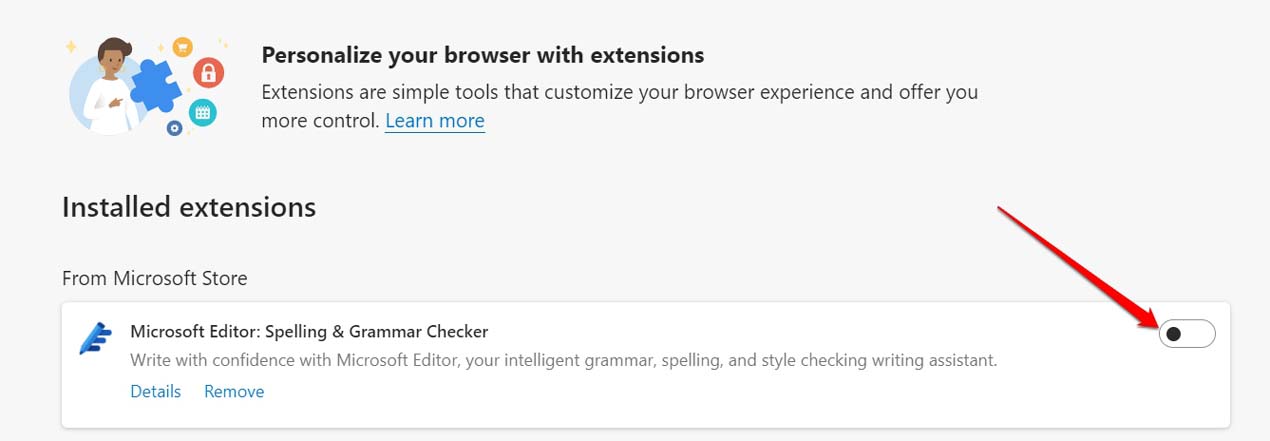 Отключение расширений в Edge