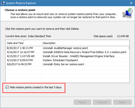 Показать недавно созданные точки восстановления в System Restore Explorer