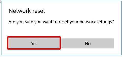 Диалог подтверждения сброса сети с кнопкой 'Да'