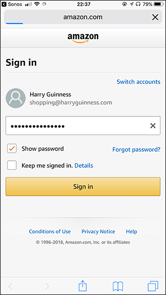 Страница входа в аккаунт Amazon в браузере