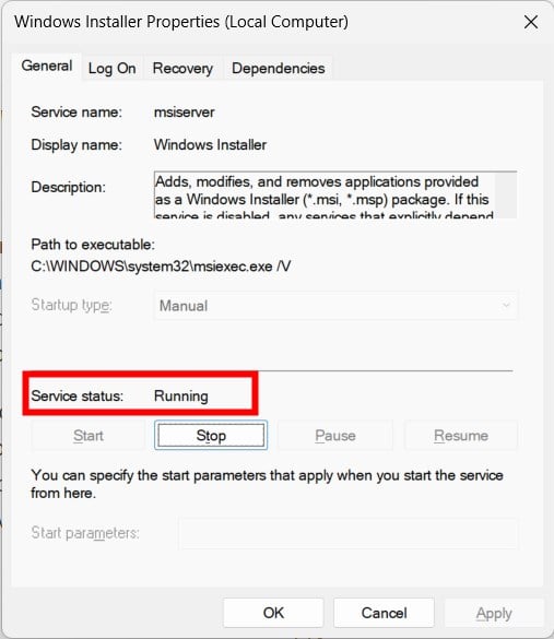 Служба Windows Installer в оснастке 'Службы'