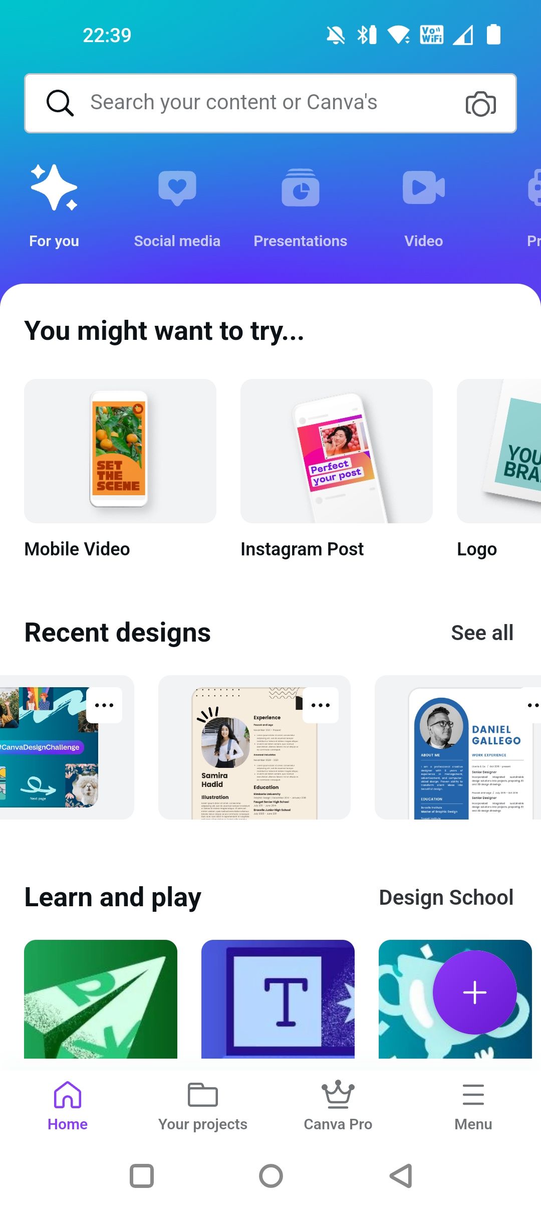 Главная страница приложения Canva с вариантами шаблонов