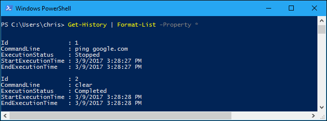 Подробный вывод истории команд с полями StartExecutionTime и EndExecutionTime