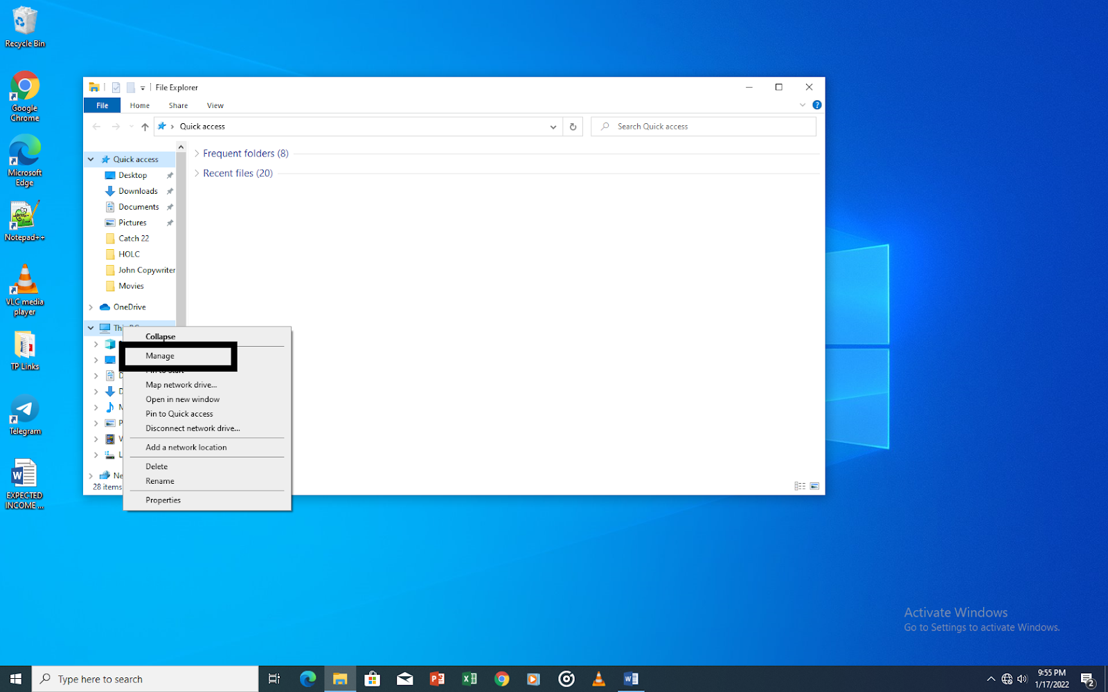 Скриншот: пункт «Управление» в контекстном меню.