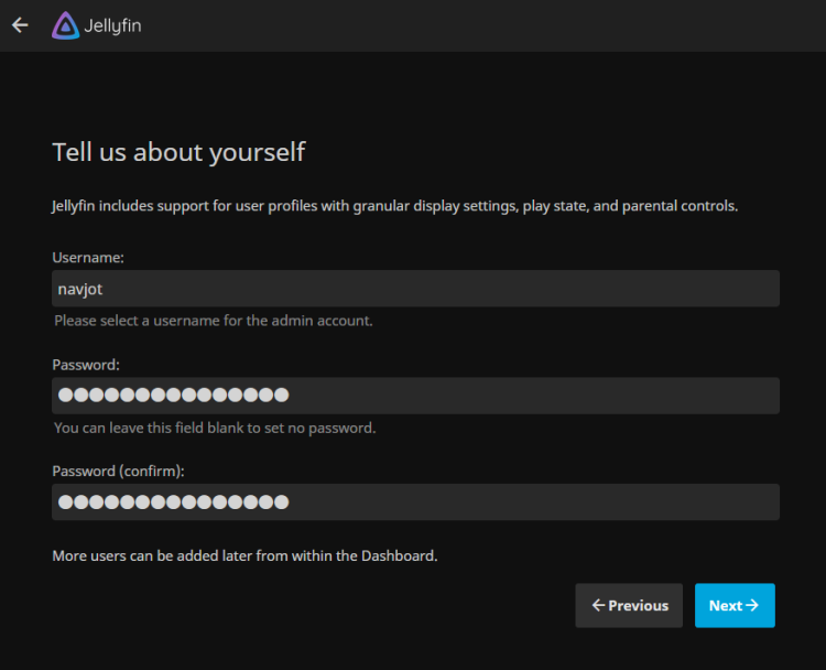 Настройка пользователя Jellyfin