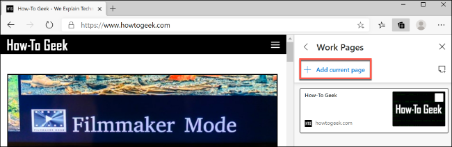 Нажмите Добавить текущую страницу, чтобы добавить страницу в коллекцию Edge