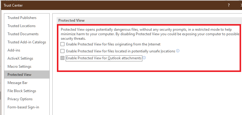 Защищённый просмотр: параметры