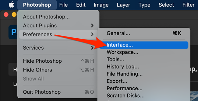 Пункт Интерфейс в настройках Photoshop на экране