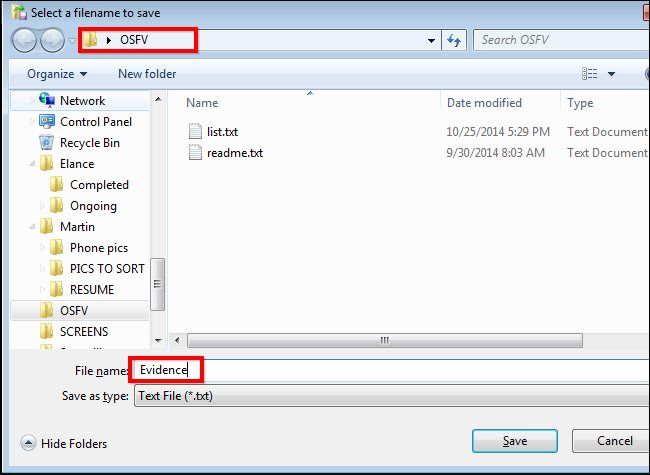 Diálogo de guardado con archivo Evidence.txt