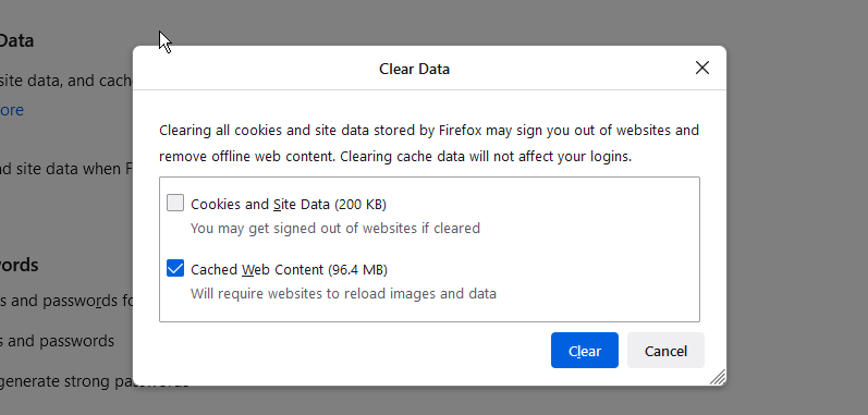 Кнопка 'Очистить' и параметры Кеша в Firefox