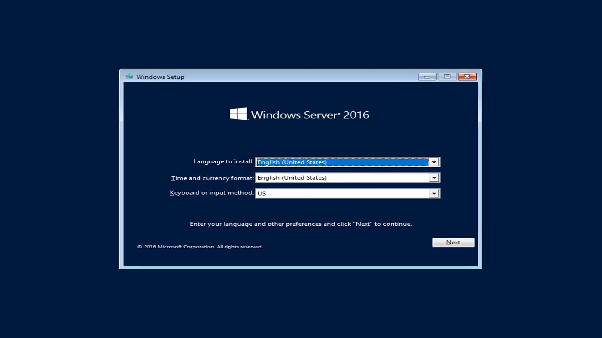Окно установки Windows Server 2016