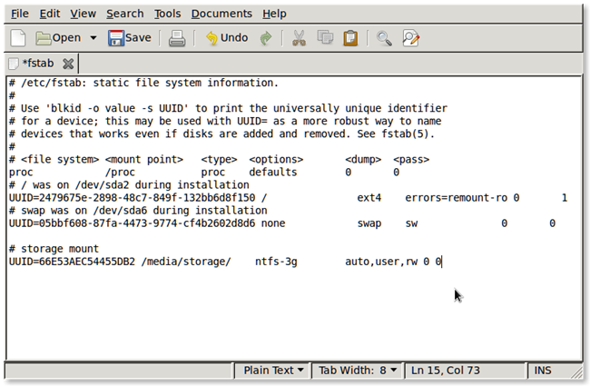 Содержимое файла /etc/fstab с множеством точек монтирования