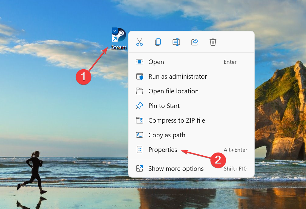 Окно «Свойства» для ярлыка Steam