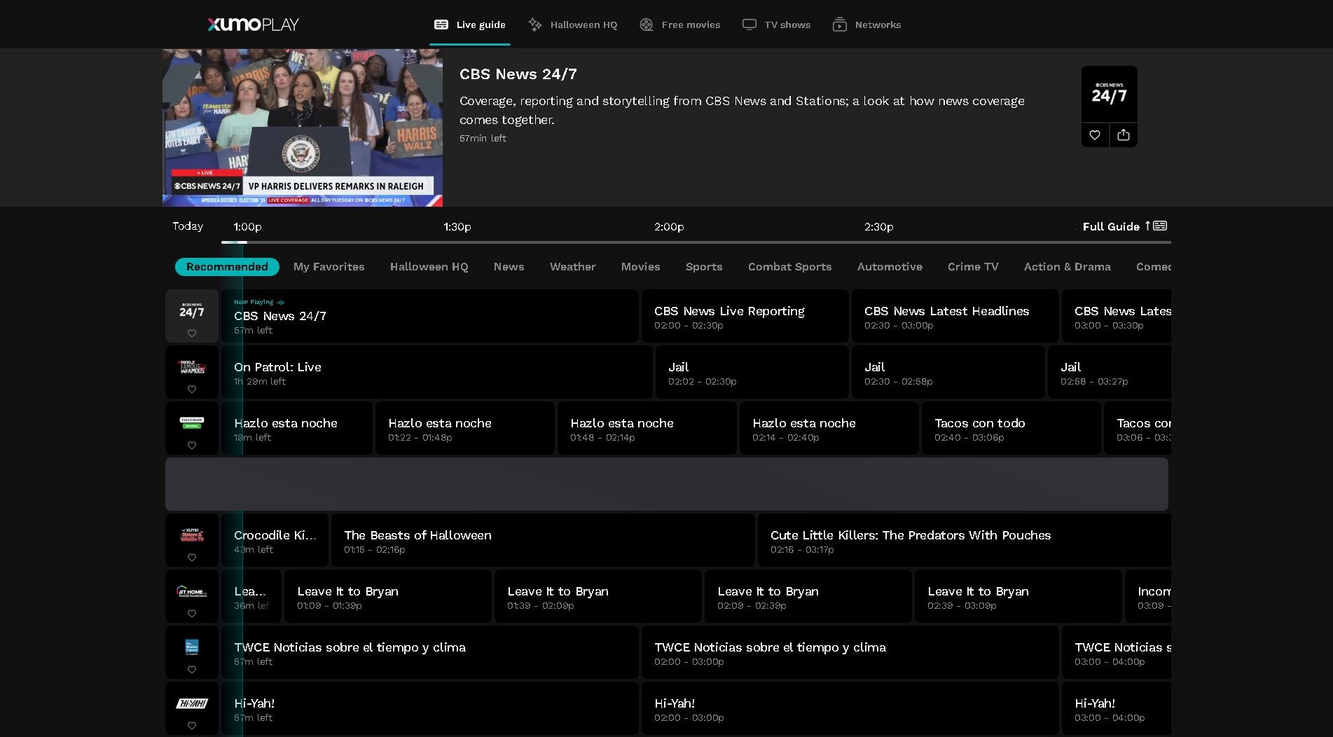 Меню навигации по каналам в Xumo Play