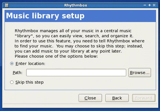 Окно выбора папки музыки в мастере Rhythmbox