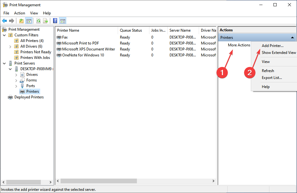 Контекстное меню More Actions → Add Printer