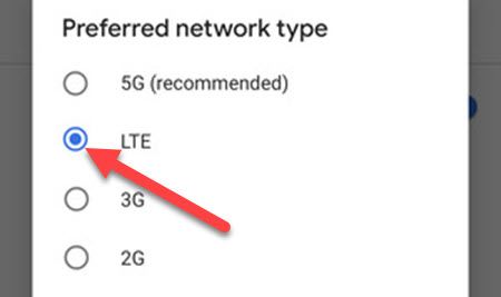 Выбор LTE в меню предпочтительного типа сети