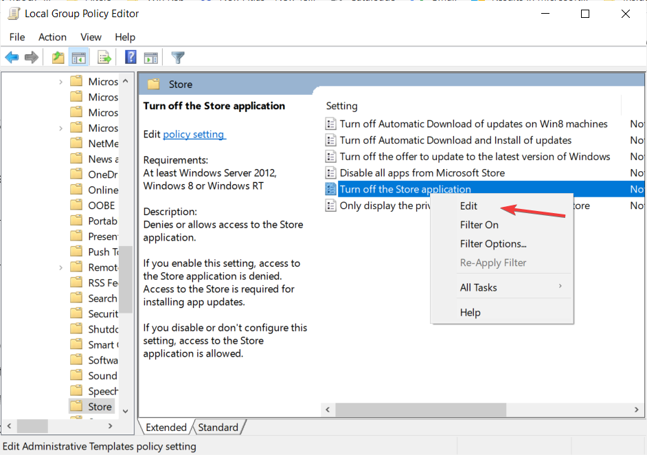 Редактирование политики «Отключить приложение Store» в gpedit