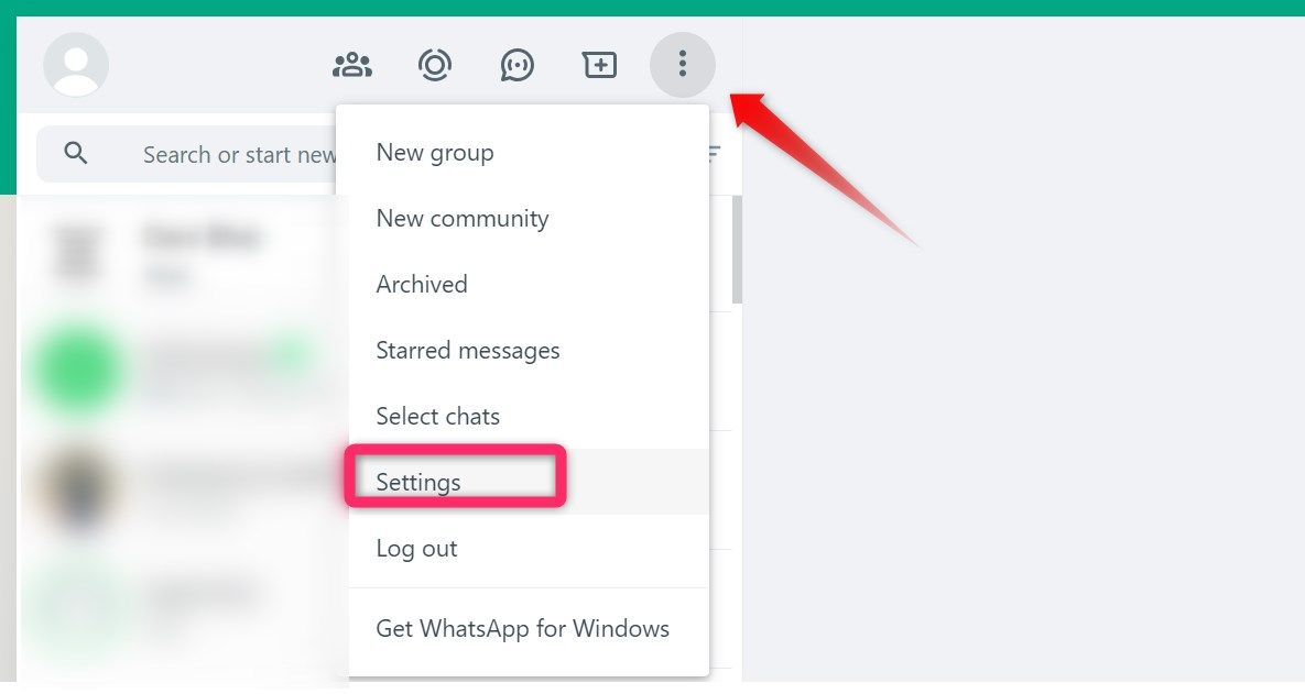Opening settings on WhatsApp Web.