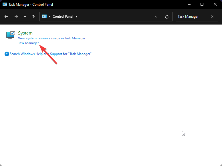 Панель управления — поиск Диспетчера задач