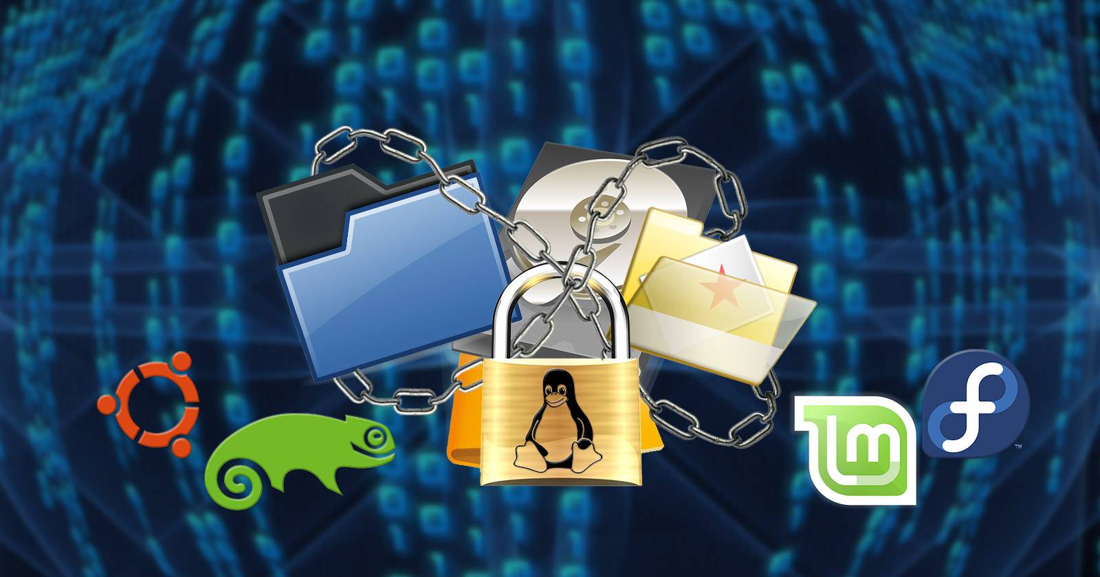 Экран компьютера с символами шифрования на Linux