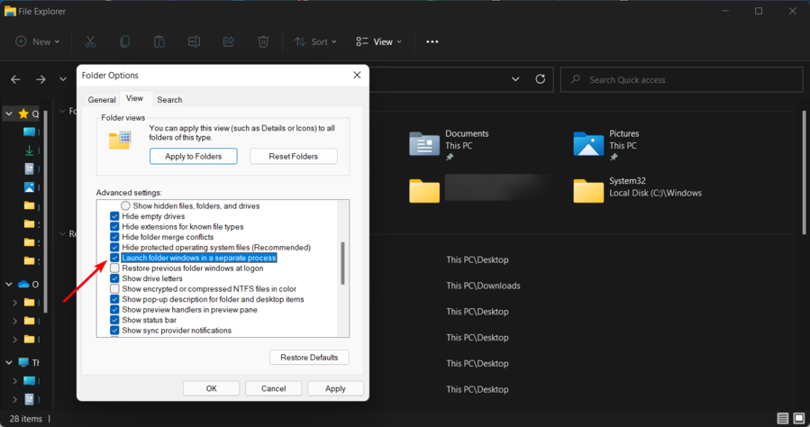 Параметр Запускать параметры папок в отдельном процессе