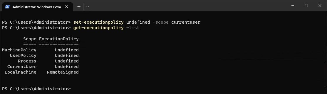 Окно PowerShell с неустановленной политикой выполнения